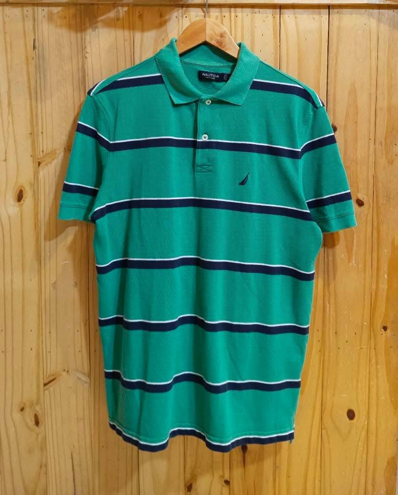 Nautica Polo Shirt Stripe Green Medium to Large